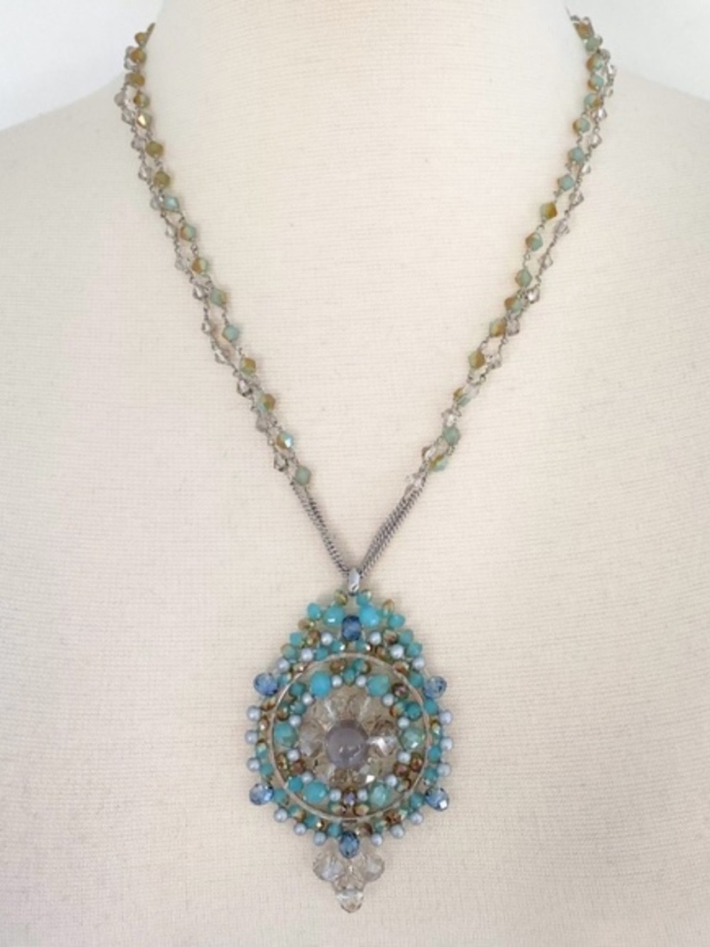 Vintage Rush by Denis & Charles Beaded Teal Blue Silver Tone Necklace
